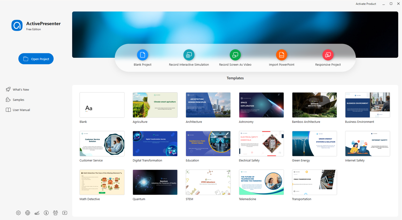 Стартовая страница ActivePresenter 10 с шаблонами и режимами создания проекта