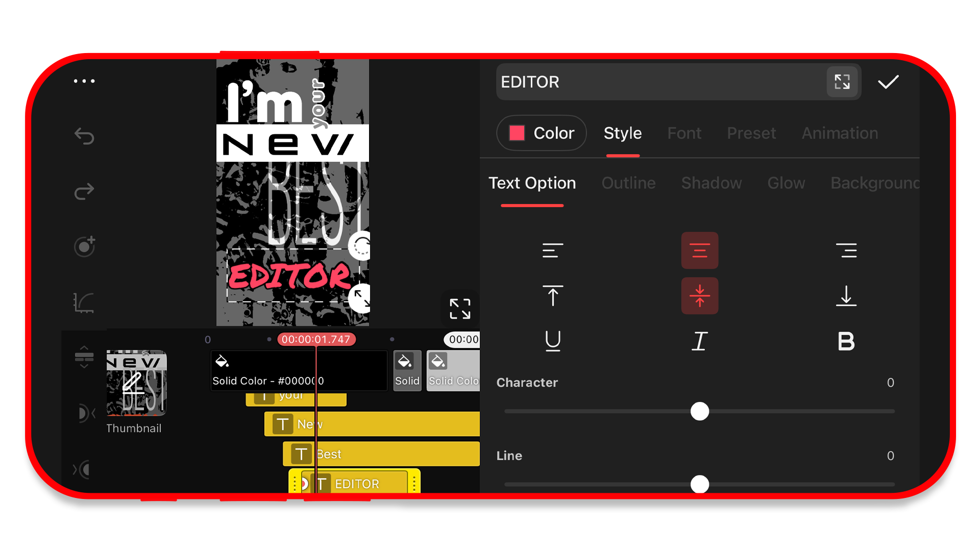 Интерфейс текстового слоя KineMaster 8.1 с настройками стиля, шрифта и анимации