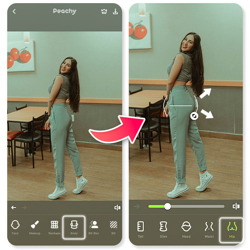 Интерфейс Peachy с инструментом изменения формы бедер