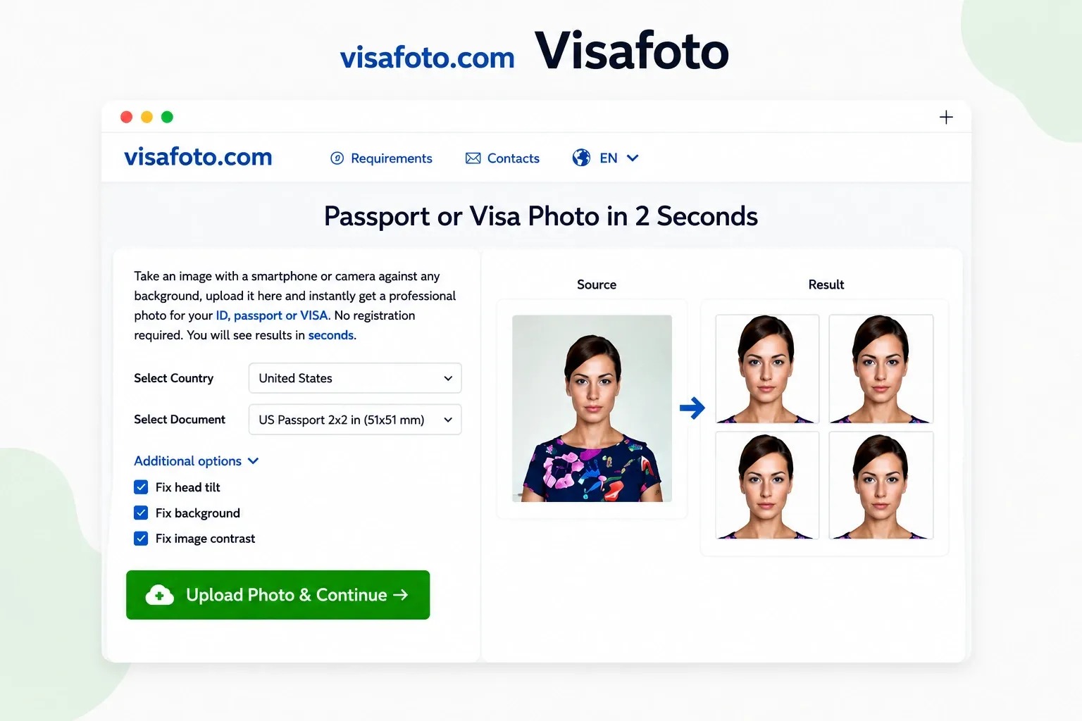 Интерфейс Visafoto с выбором страны и документа