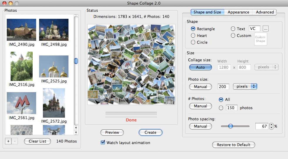 Интерфейс Shape Collage с настройками формы, размера фотографий и интервалов