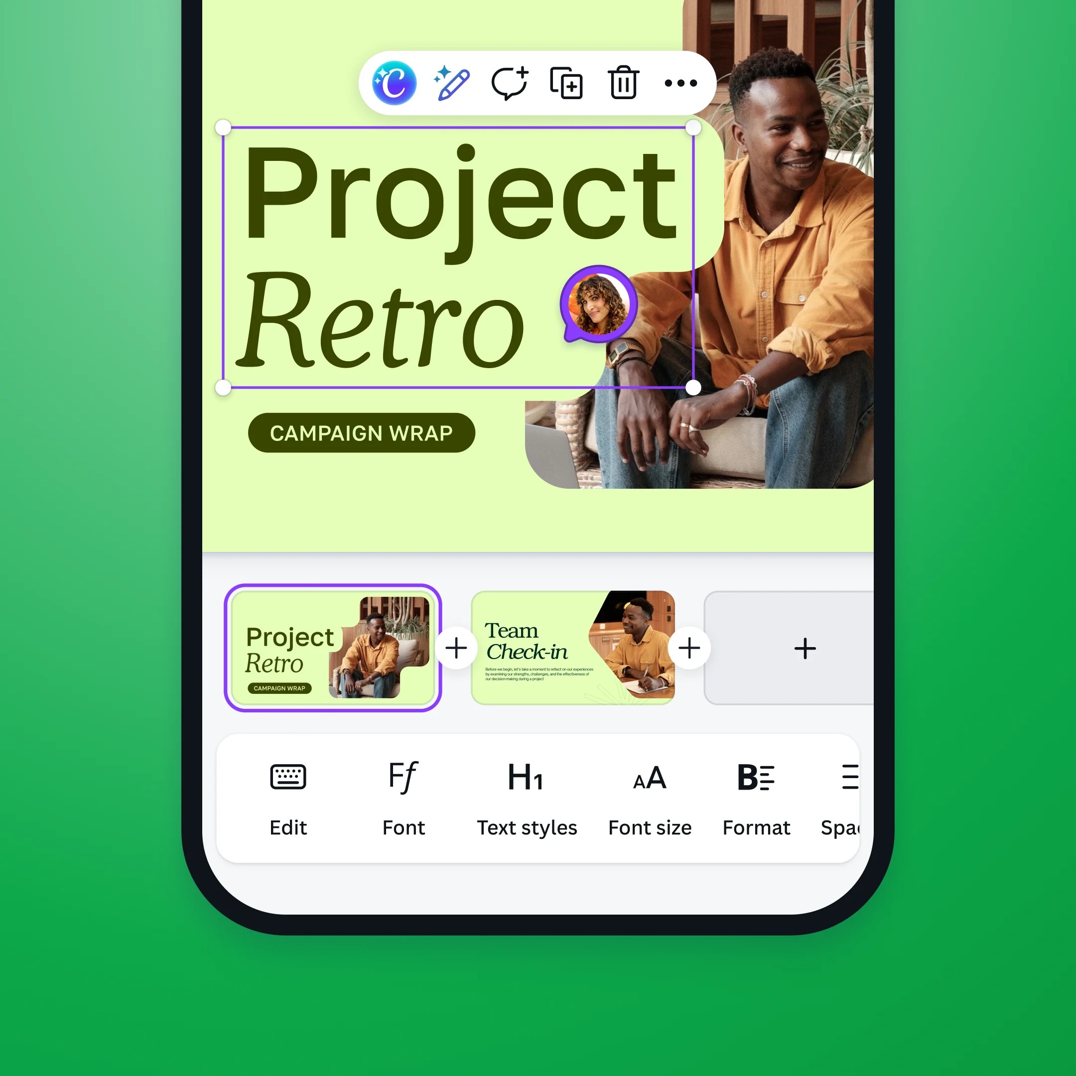 Мобильный интерфейс Canva для редактирования презентации