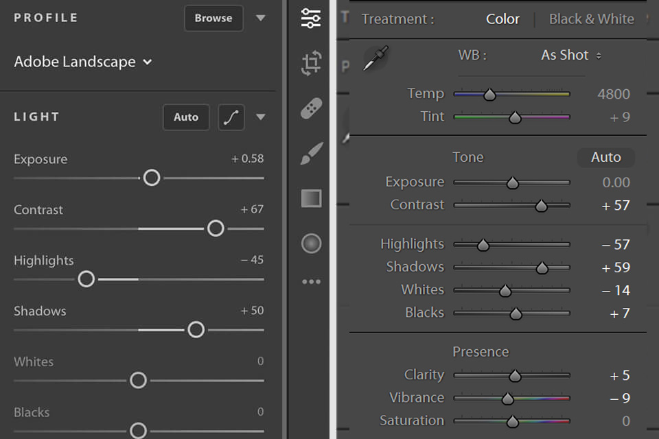 Тоновые ползунки Lightroom с Exposure Highlights Shadows Whites Blacks