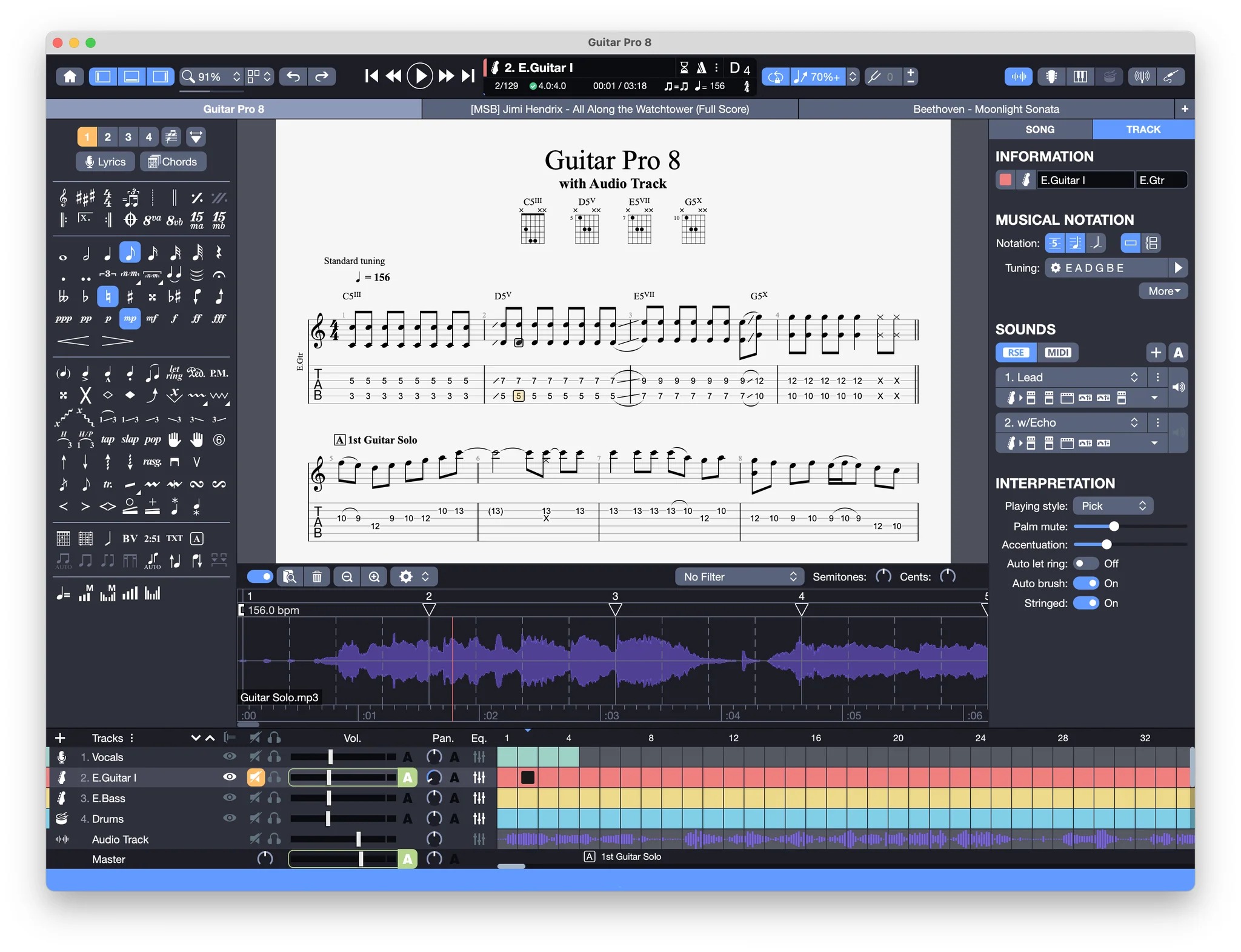 Интерфейс Guitar Pro 8 с нотным станом, табулатурой и аудиодорожкой