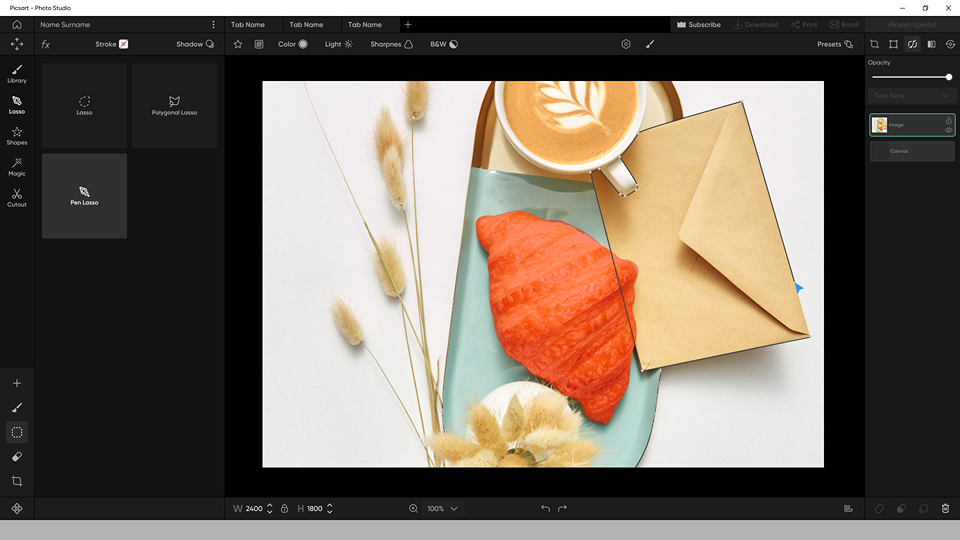 Интерфейс Picsart для Windows с редактируемым изображением и инструментами