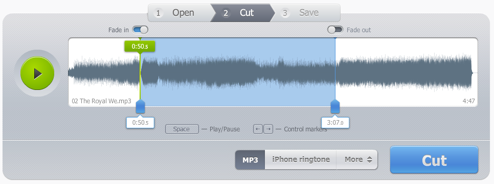 Волновая форма и границы фрагмента в Audio Cutter 123apps