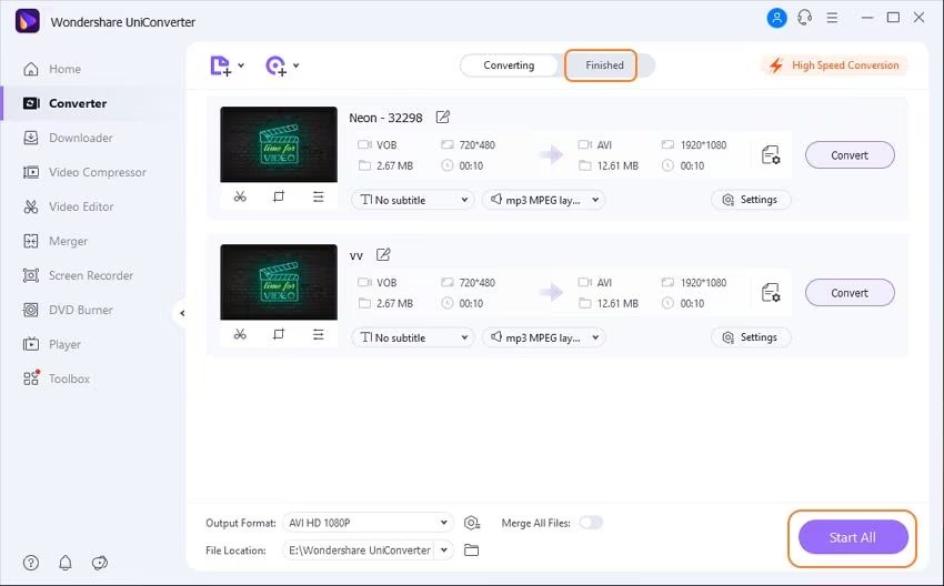 Интерфейс Wondershare UniConverter с VOB в очереди и выбранным AVI
