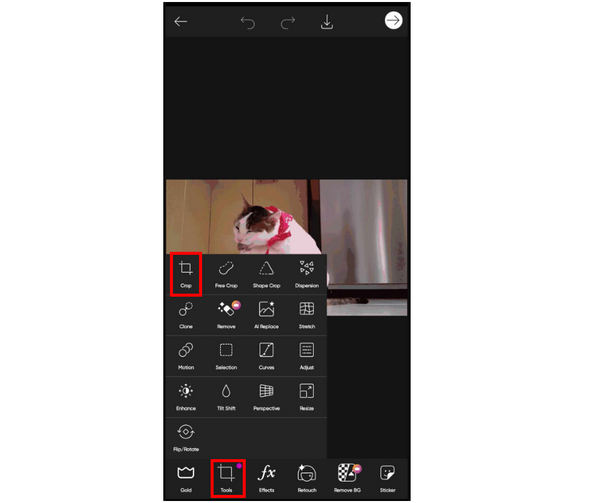 Интерфейс PicsArt на смартфоне с открытым меню Tools и инструментом Crop