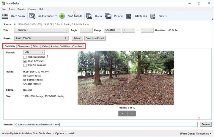 Главное окно HandBrake с MP4 и кнопкой Start Encode
