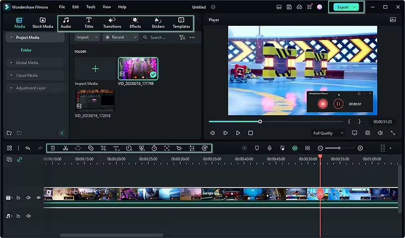Интерфейс Wondershare Filmora с экранной записью на таймлайне