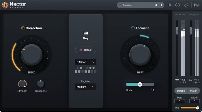 Модуль Pitch в iZotope Nectar 4 с определением тональности, Strength, Speed и Formant