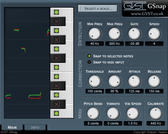 Интерфейс GSnap с секциями Detection, Correction и MIDI