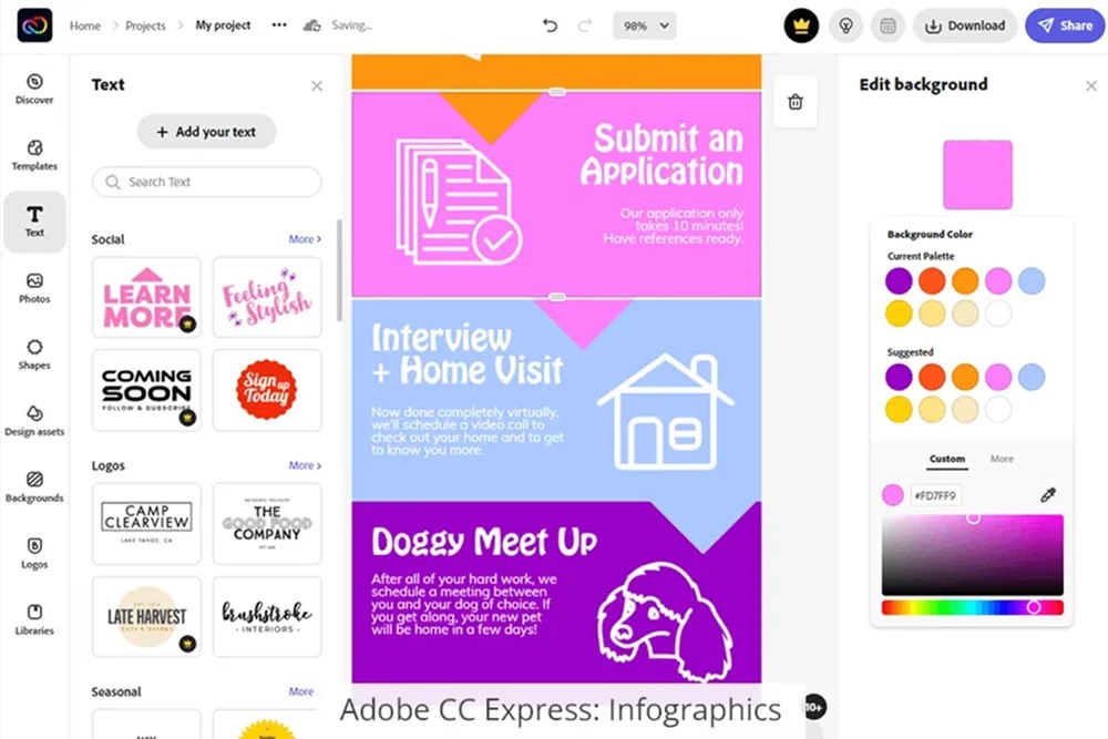 Интерфейс Adobe Express с редактированием шаблона постера