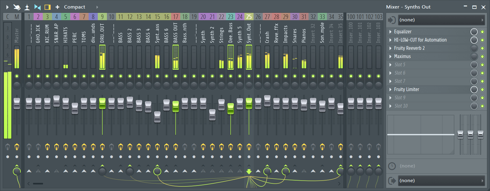 Микшер FL Studio с каналами Insert и слотами эффектов