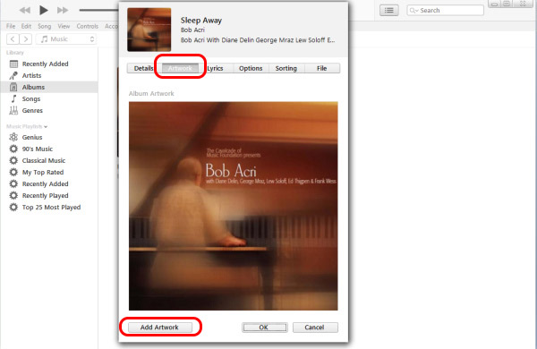 Окно свойств песни в Apple Music для Windows с вкладкой Artwork