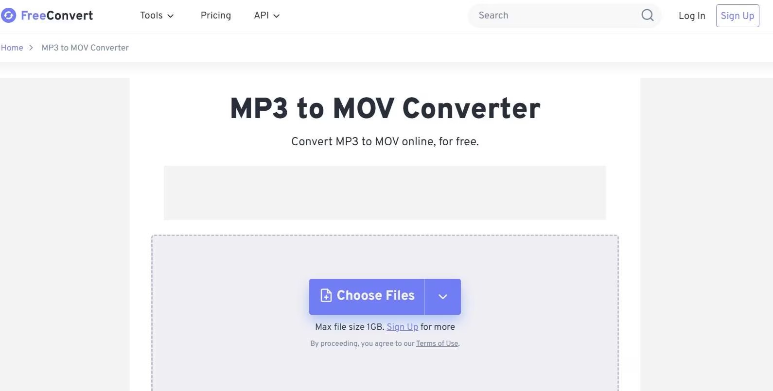 Страница FreeConvert MP3 to MOV с кнопкой Choose Files