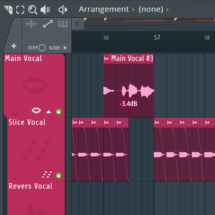 Playlist FL Studio с несколькими вокальными аудиоклипами
