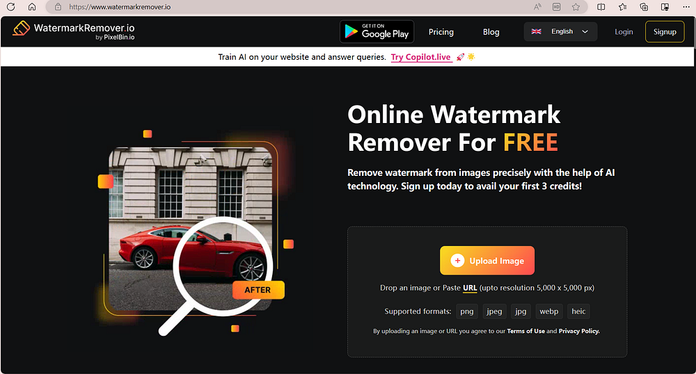WatermarkRemover.io: веб-интерфейс с кнопкой Upload Image и списком поддерживаемых форматов