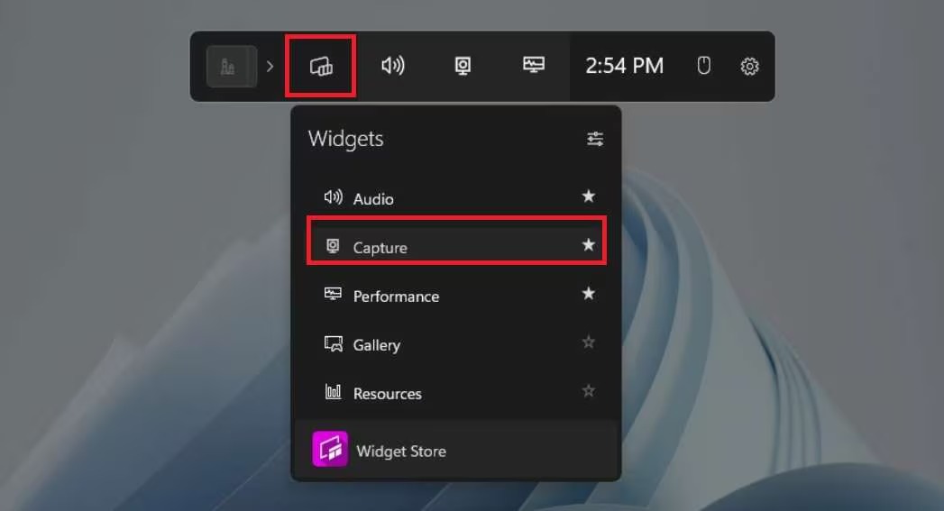 Меню Widgets в Xbox Game Bar с пунктом Capture