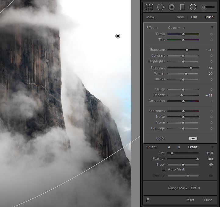 Локальная маска в Lightroom с отрицательным Dehaze на туманном пейзаже