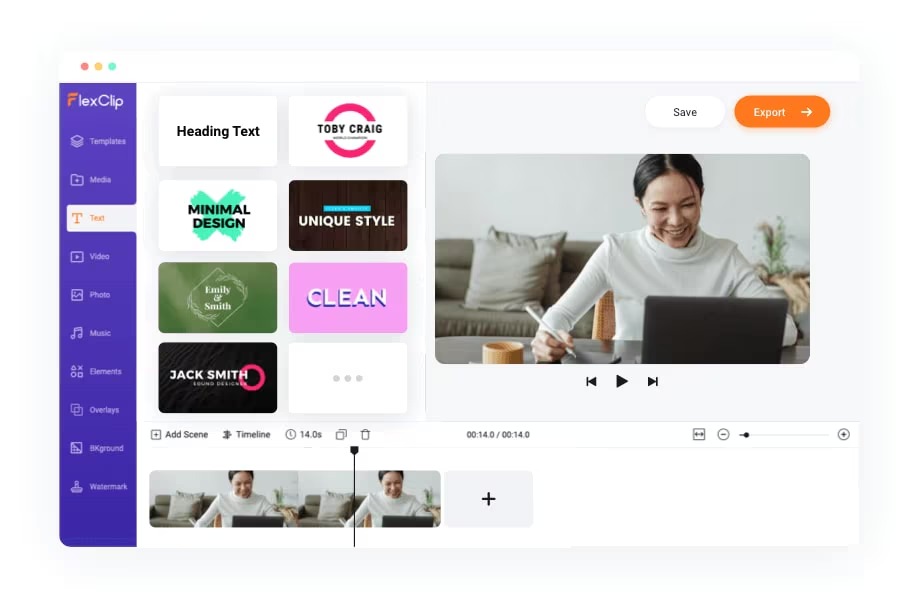 Интерфейс FlexClip с панелью шаблонов, предпросмотром и таймлайном