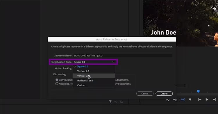 Окно Auto Reframe Sequence в Adobe Premiere Pro с выбором Target Aspect Ratio