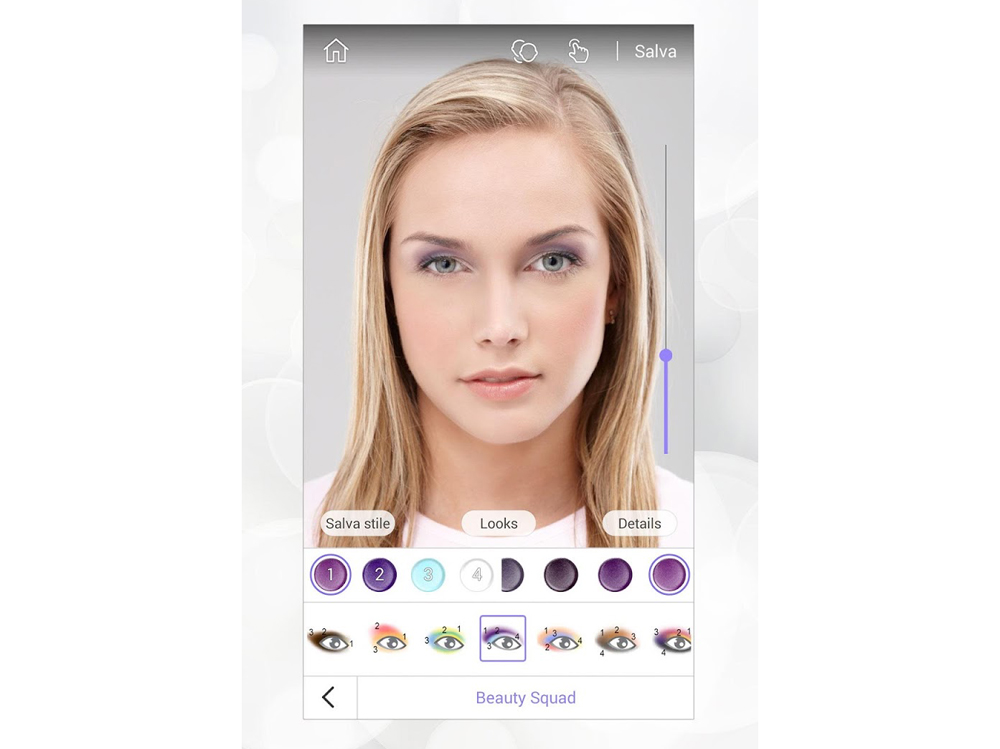 Интерфейс Perfect365 с виртуальным макияжем и настройкой глаз