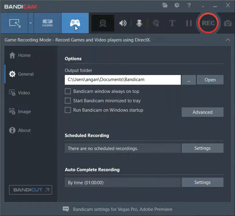 Интерфейс Bandicam с выбором режима записи игры
