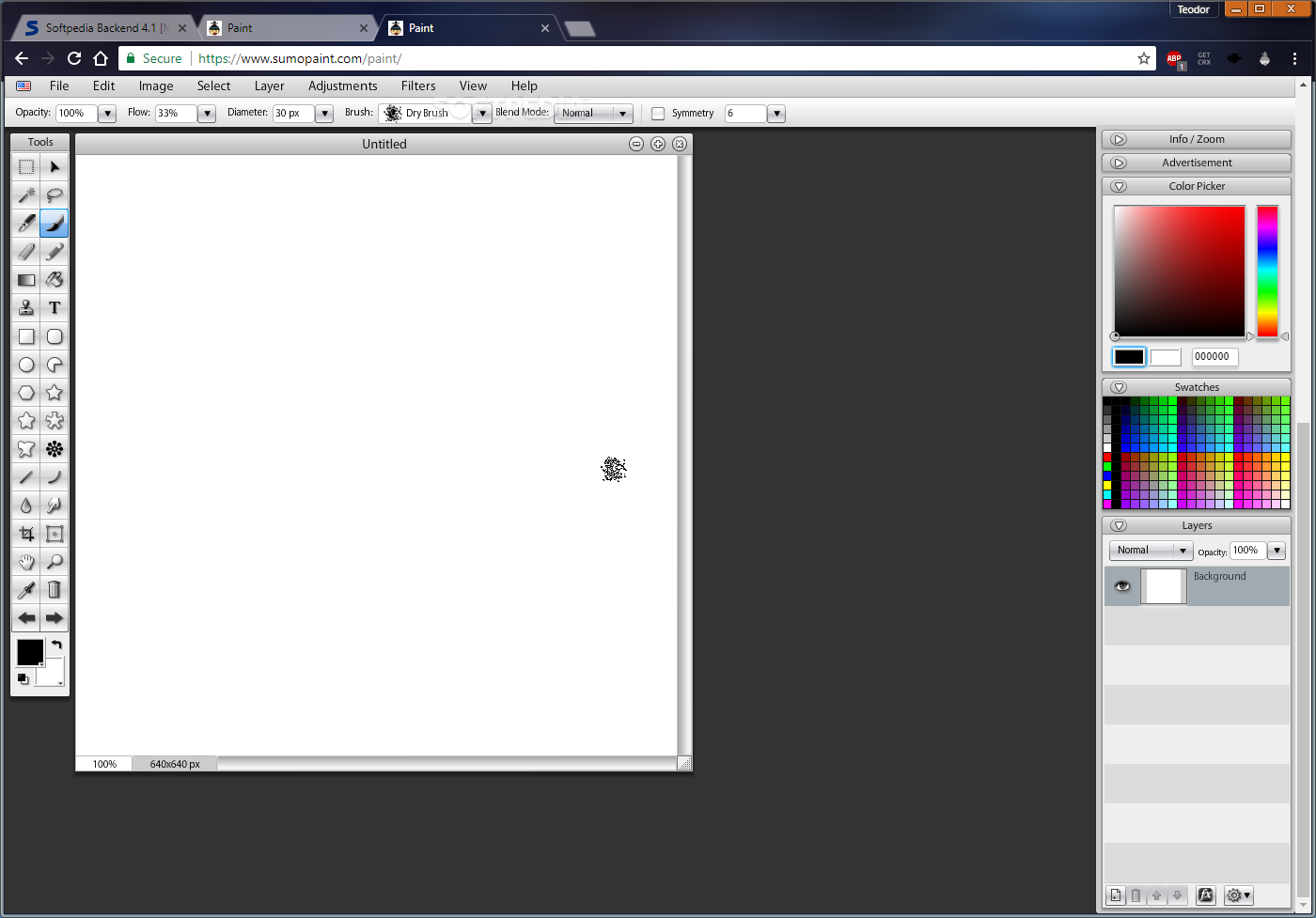 Интерфейс Sumo Paint с холстом, цветовой палитрой и панелью слоёв