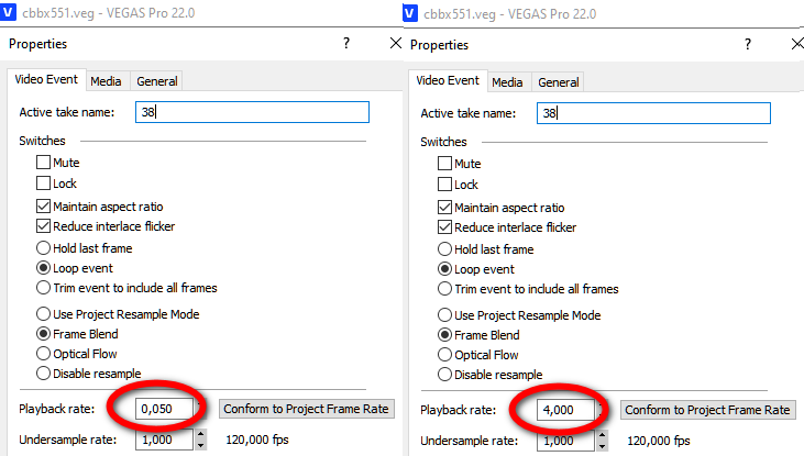 Поле Playback rate в свойствах видеособытия VEGAS Pro