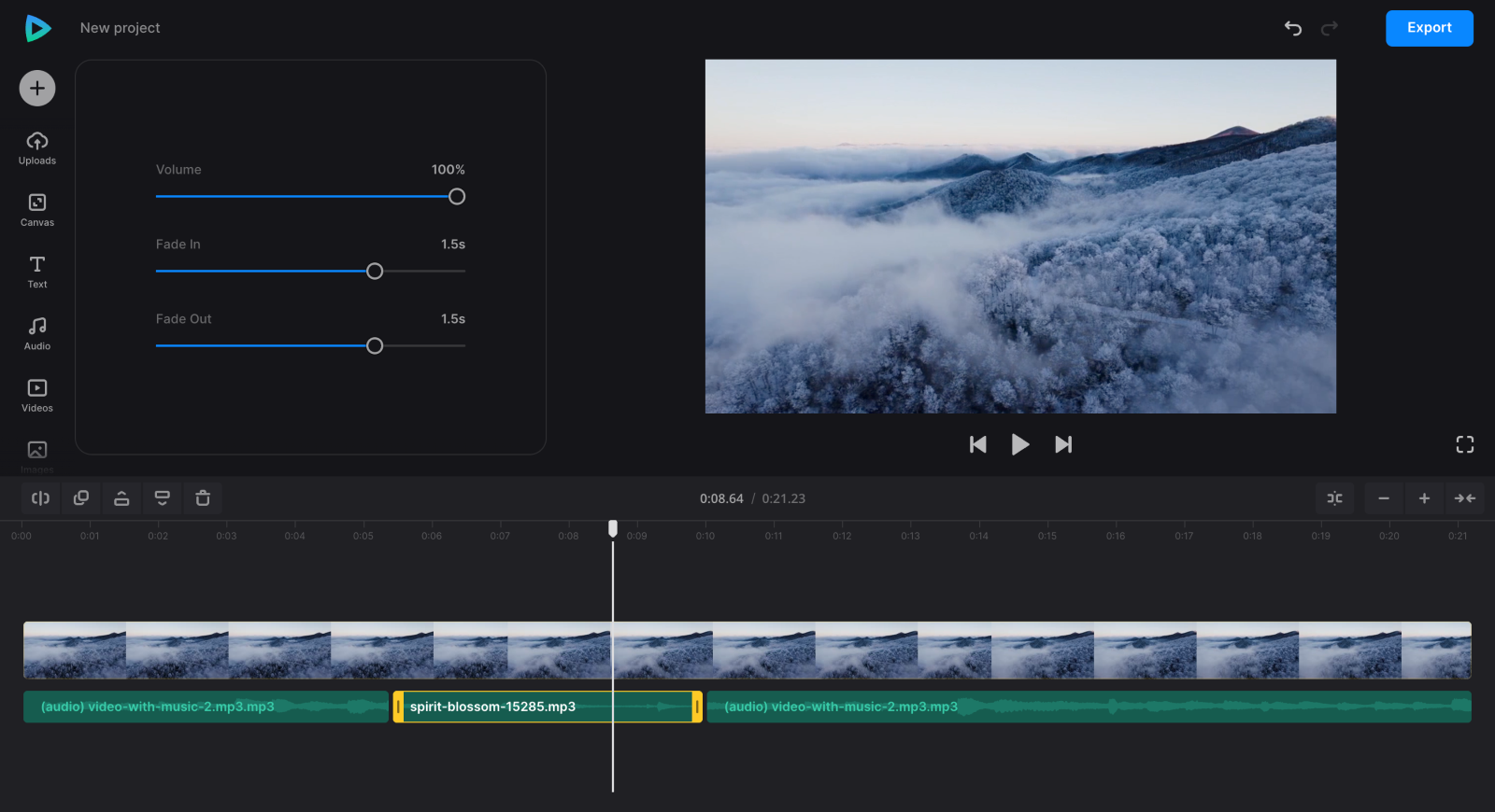 Настройка громкости и аудиодорожек в Clideo Video Editor