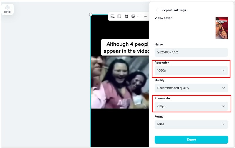 Окно Export settings в CapCut с выбором разрешения, частоты кадров и формата