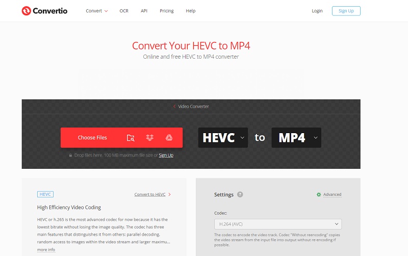 Интерфейс Convertio для преобразования HEVC с выбором выходного формата