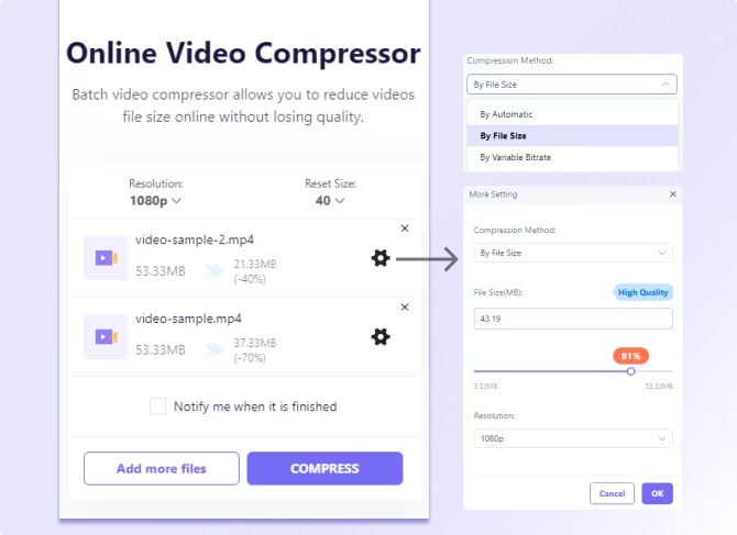 Интерфейс Media.io Video Compressor с несколькими файлами, настройкой размера и кнопкой Compress