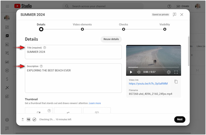 Окно загрузки и настройки публикации видео в YouTube Studio