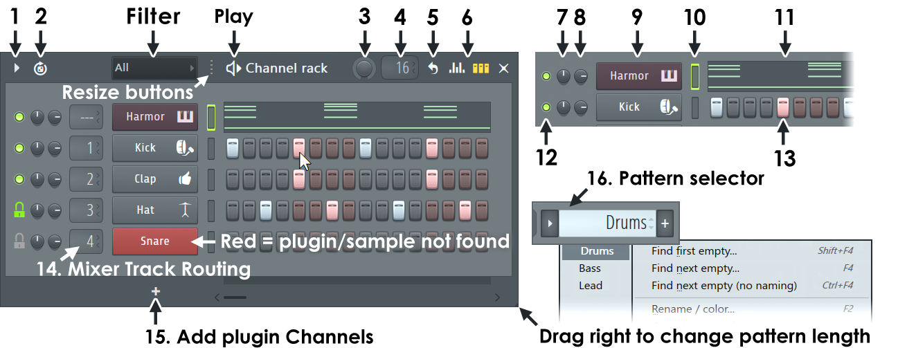 Channel Rack FL Studio с каналами и пошаговым секвенсором