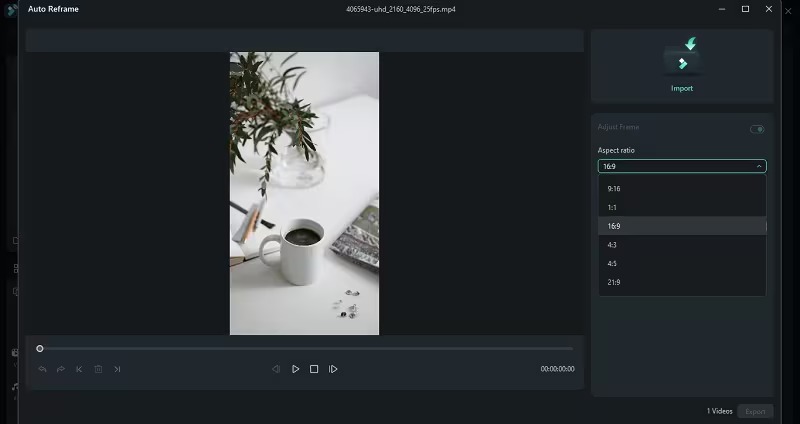 Окно Auto Reframe в Wondershare Filmora с выбранным соотношением 16:9