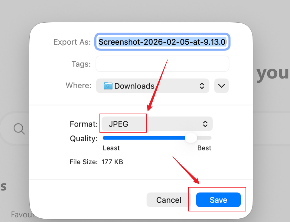 Диалог экспорта изображения в Preview на macOS с выбранным форматом JPEG