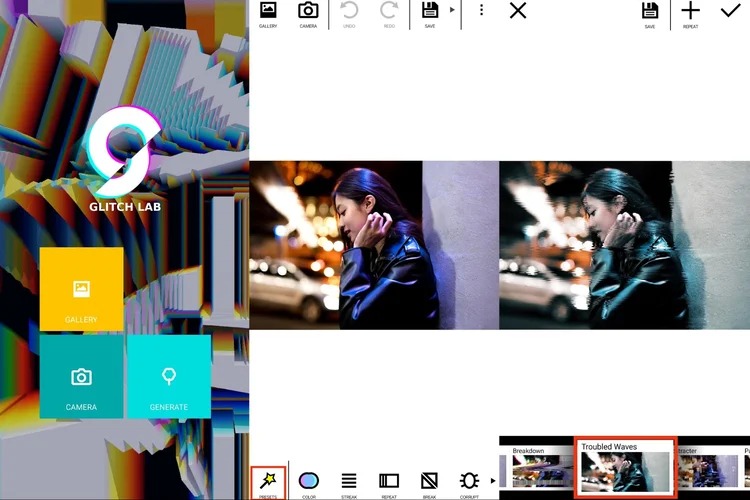 Интерфейс Glitch Lab с фотографией и панелью эффектов
