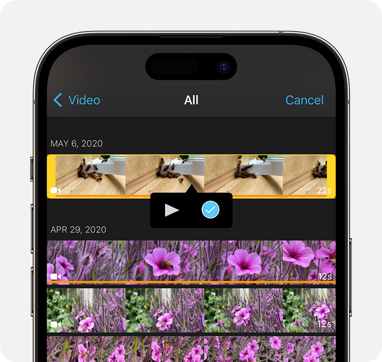 Выбор нескольких видео в медиатеке iMovie на iPhone