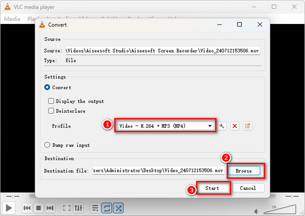 Выбор профиля MP4 в окне конвертации VLC media player