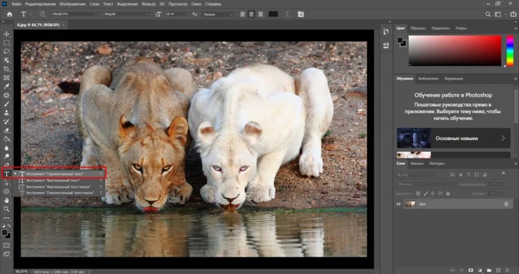 Рабочая область Adobe Photoshop с панелью инструментов и панелью Layers