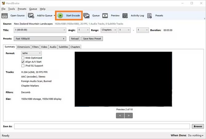 HandBrake с загруженным видео и кнопкой Start Encode