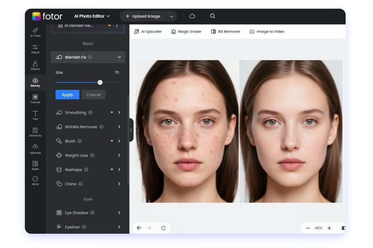 Интерфейс Fotor с портретом и инструментами ретуши