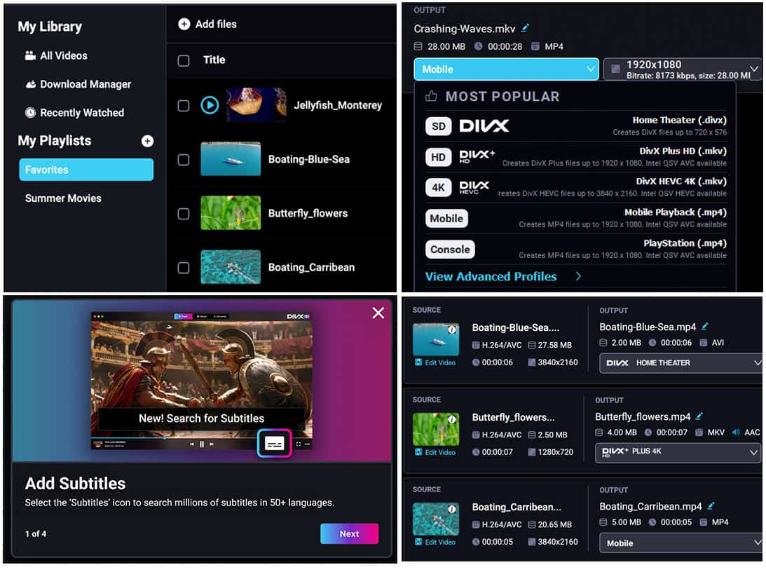 Интерфейс DivX Software 11.15 с профилями DivX Home Theater, DivX Plus и MP4