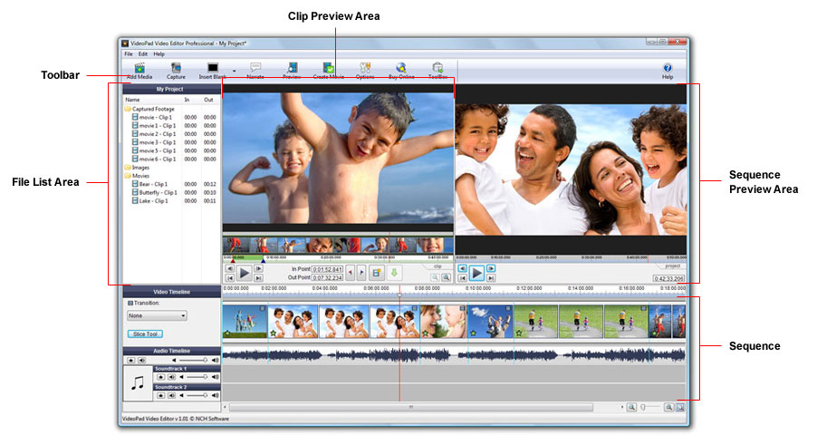 Интерфейс VideoPad Video Editor с областями медиатеки, предпросмотра и последовательности
