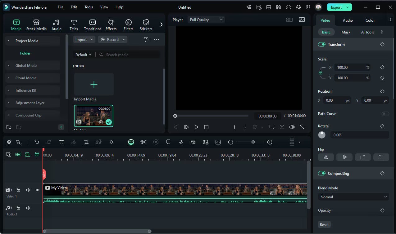 Рабочее окно Wondershare Filmora с медиатекой, предпросмотром и таймлайном