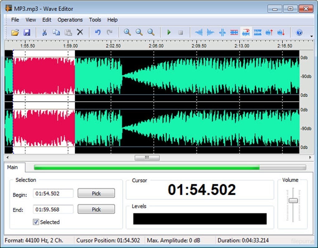 Wave Editor с выделенным участком стереоформы сигнала