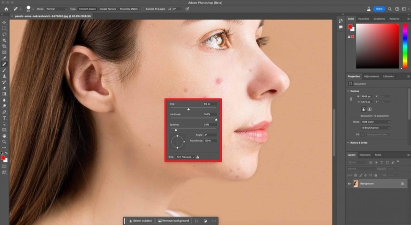 Ретушь кожи восстанавливающей кистью в Adobe Photoshop