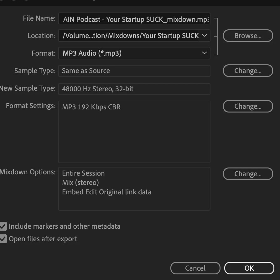 Окно Export Multitrack Mixdown в Adobe Audition с MP3 Audio, частотой 48 кГц и настройкой MP3 192 Kbps CBR